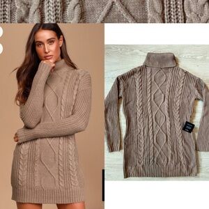 NWT Lulus (S) Cable Knit Turtleneck Sweater Dress Taupe Fall Fashion Longsleeve
